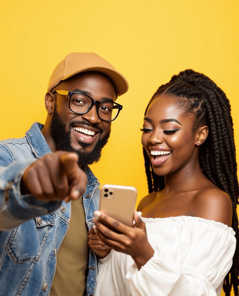 smiling black guy in jean jacket and smiling black lady looking at her phone.